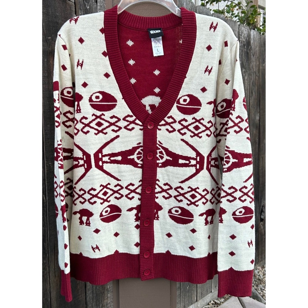 Star Wars Mens L Fair Isle Cardigan Sweater Death Star AT-AT TIE Fighter Xmas